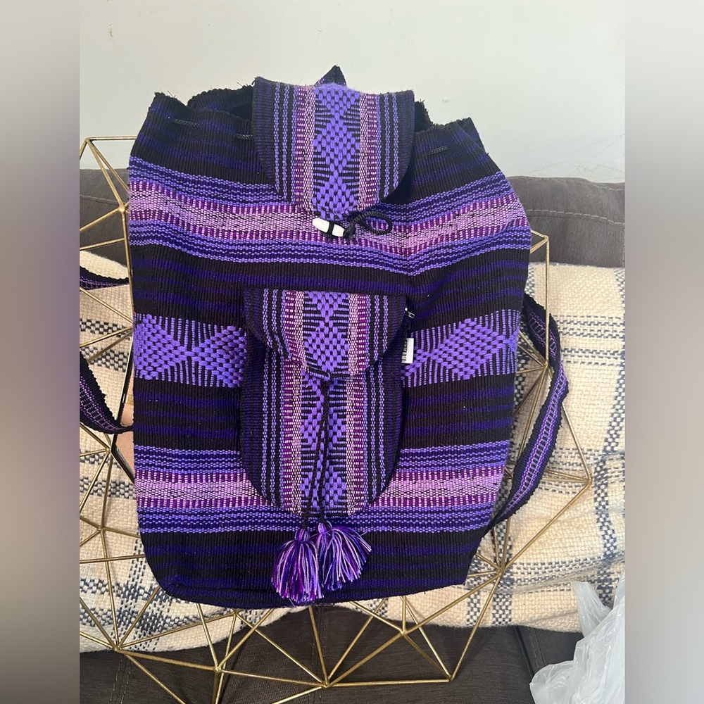 Lillo Artesanias Drawstring Backpack Woven Textile purple, and black